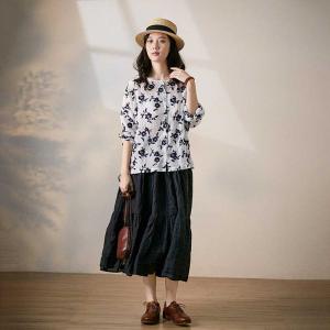 Loose-Fit White Casual Blouse Flowers Embroidery Linen Shirt
