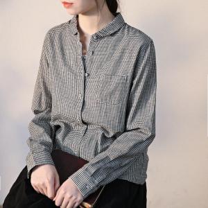 Simple Casual Cotton Shirt Small Grids Long Sleeves Shirt