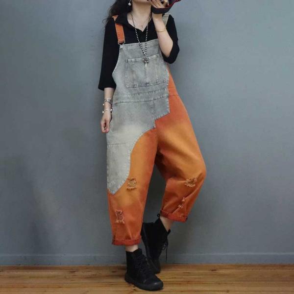 Orange Contrast Ripped Bib Overalls Baggy Light Wash Dungarees