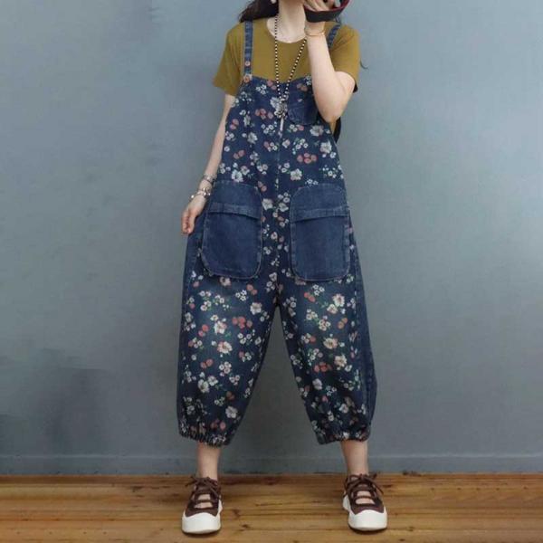 Front Pockets Floral Overalls Balloon Legs Ankle Overalls