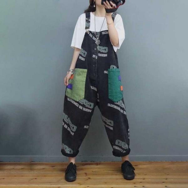 Colorful Front Pockets Letter Overalls 90s Black Bib Overalls