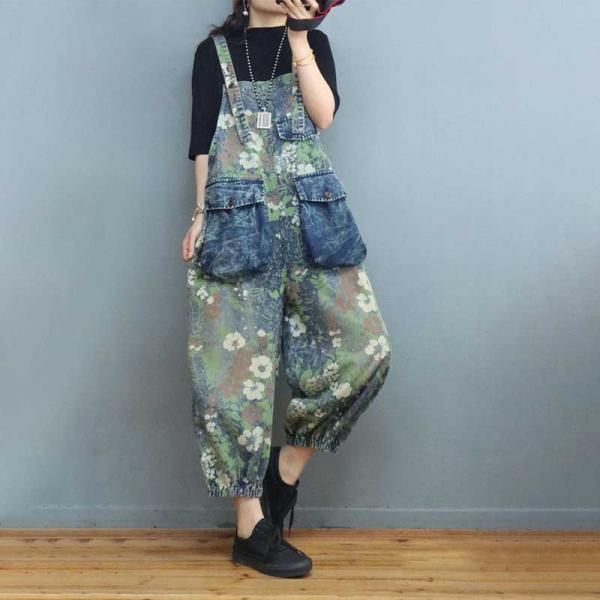 Flap Pockets Summer Floral Overalls Fluffy Painted Overalls