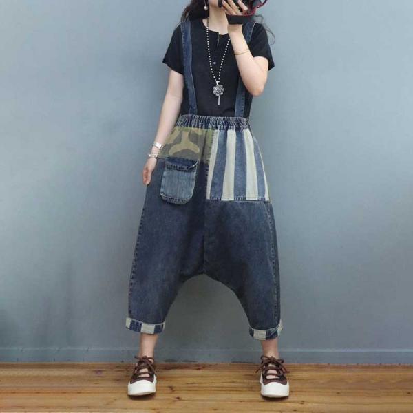 Chunky Striped Jeans with Suspenders Camo Harem Pants for Women