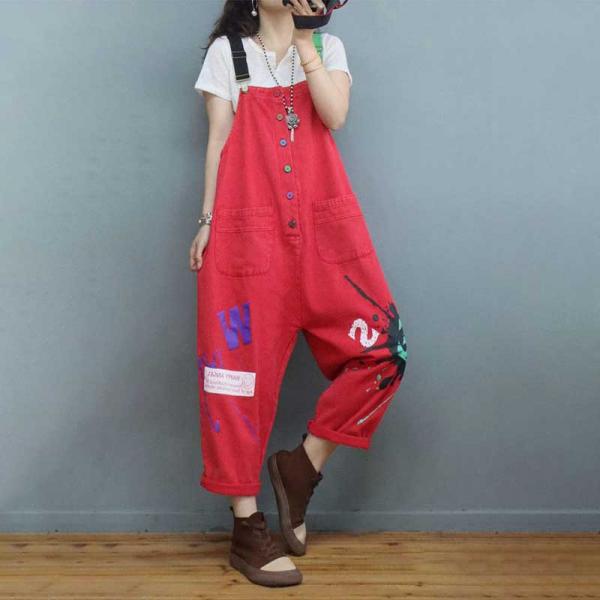 Button Down Graffiti Painted Overalls Womens Letter Dungarees
