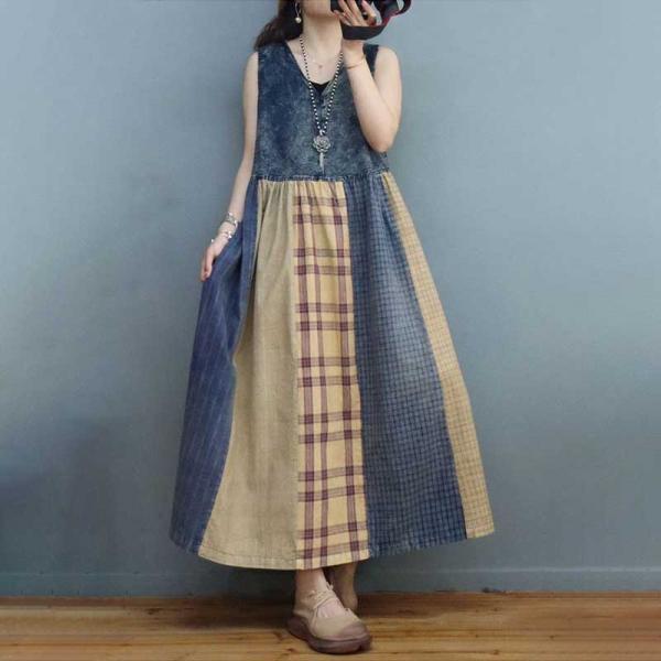 Cotton Linen Patchwork Vest Dress Loose High Waist Dress