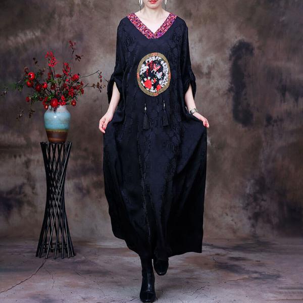 Butterfly and Flowers Embroidered Dress Silk Black Maxi Dress