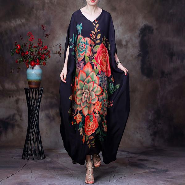 Rose Prints Plus Size Moroccan Dress Black Dolman Sleeve Caftan