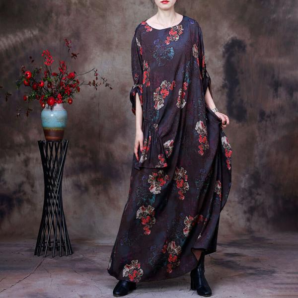 Flowers Patterns Pleated Maxi Dress High Waist Floral Dress