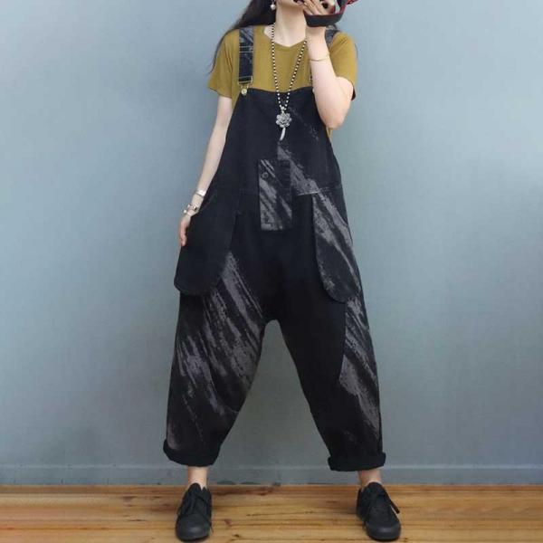 Street Style Striped Bib Overalls Black Adjustable Straps Dungarees