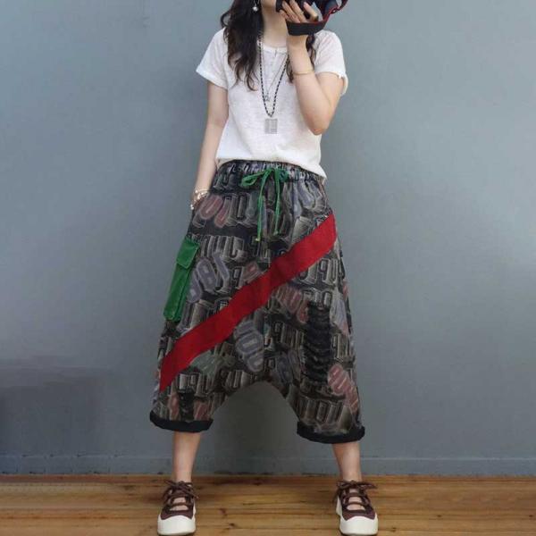 Letter Pattern Denim Harem Pants Red Patchwork Hippie Jeans