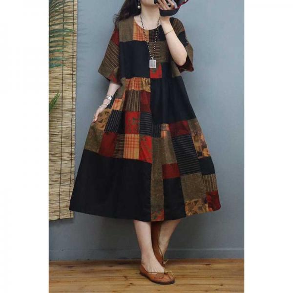 High-Waisted Printed Folk Dress Cotton Linen Knee Length Dress