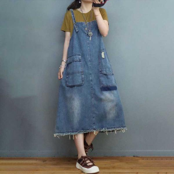 Flap Pockets Fringed Overall Dress Mid-Calf Denim Dress