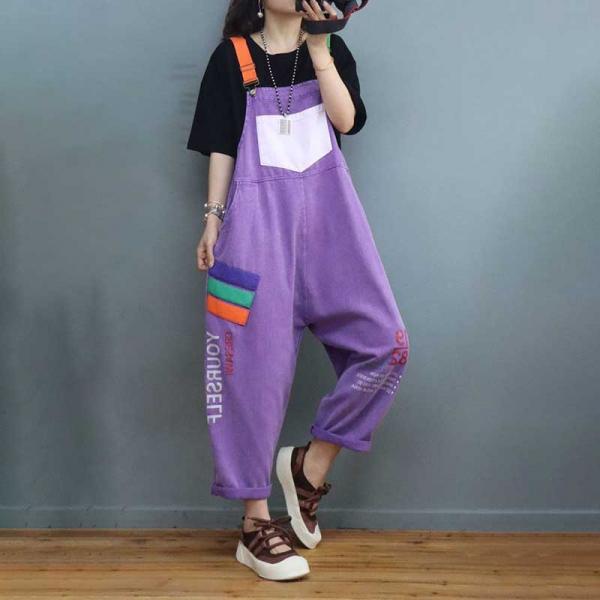 Letter Patterns Purple Painted Overalls Colorful Straps Black 90s Overalls