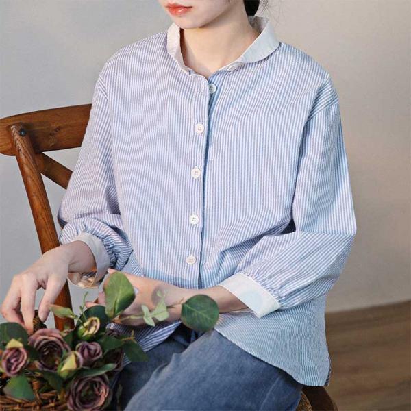 Light Blue Pinstriped Blouse Womens Pleated Cotton Shirt