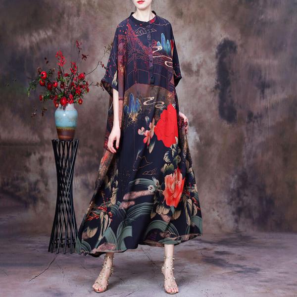 Mid-Calf Printed Chinese Traditional Dress Half Sleeve Plus Size Dress