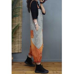 Orange Contrast Ripped Bib Overalls Baggy Light Wash Dungarees