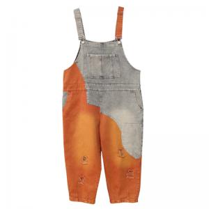 Orange Contrast Ripped Bib Overalls Baggy Light Wash Dungarees