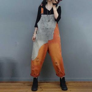 Orange Contrast Ripped Bib Overalls Baggy Light Wash Dungarees