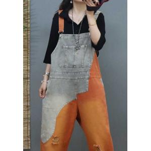 Orange Contrast Ripped Bib Overalls Baggy Light Wash Dungarees