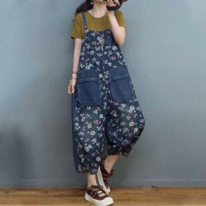 Front Pockets Floral Overalls Balloon Legs Ankle Overalls