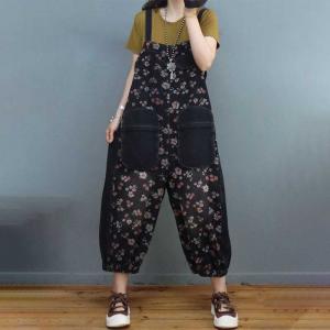 Front Pockets Floral Overalls Balloon Legs Ankle Overalls