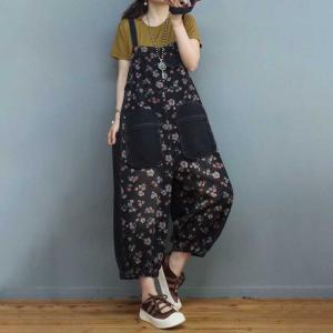 Front Pockets Floral Overalls Balloon Legs Ankle Overalls