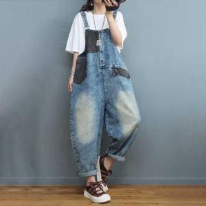 Korean Style Stone Wash Overalls Contrast Colored Gardening Overalls