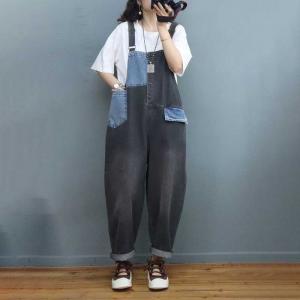 Korean Style Stone Wash Overalls Contrast Colored Gardening Overalls