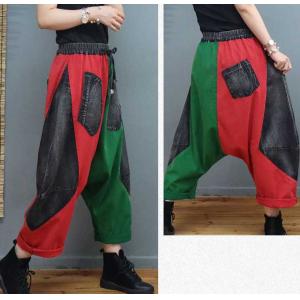 Hippie Style Colorful Harem Pants Belted Low Crotch Jeans