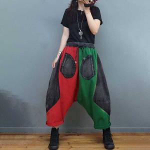 Hippie Style Colorful Harem Pants Belted Low Crotch Jeans