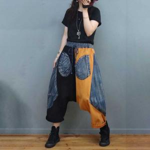 Hippie Style Colorful Harem Pants Belted Low Crotch Jeans