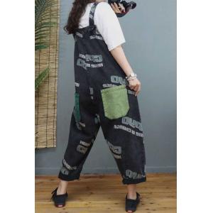 Colorful Front Pockets Letter Overalls 90s Black Bib Overalls