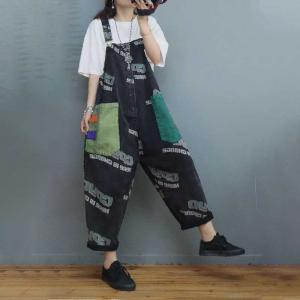 Colorful Front Pockets Letter Overalls 90s Black Bib Overalls