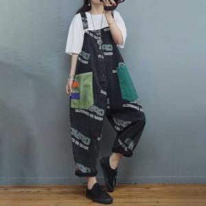 Colorful Front Pockets Letter Overalls 90s Black Bib Overalls