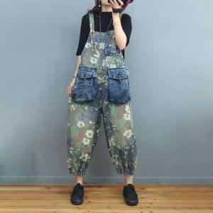 Flap Pockets Summer Floral Overalls Fluffy Painted Overalls