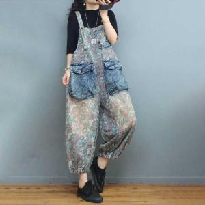 Flap Pockets Summer Floral Overalls Fluffy Painted Overalls