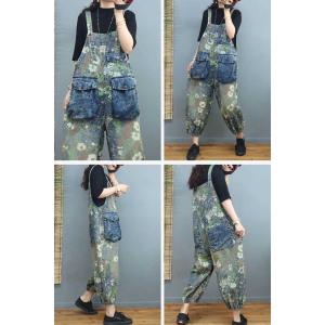 Flap Pockets Summer Floral Overalls Fluffy Painted Overalls