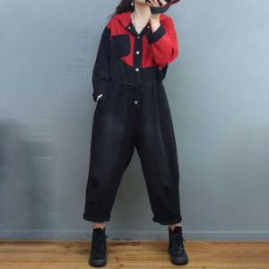 Red Contrast Denim Casual Jumpsuits Black Hoodie Coveralls