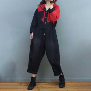 Red Contrast Denim Casual Jumpsuits Black Hoodie Coveralls