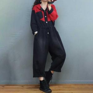 Red Contrast Denim Casual Jumpsuits Black Hoodie Coveralls