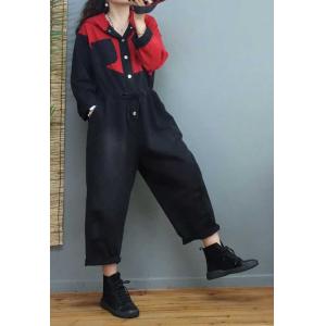 Red Contrast Denim Casual Jumpsuits Black Hoodie Coveralls