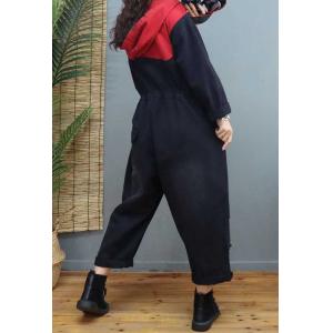 Red Contrast Denim Casual Jumpsuits Black Hoodie Coveralls
