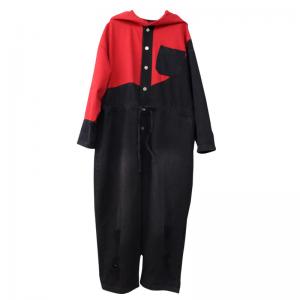 Red Contrast Denim Casual Jumpsuits Black Hoodie Coveralls