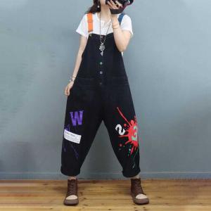 Button Down Graffiti Painted Overalls Womens Letter Dungarees