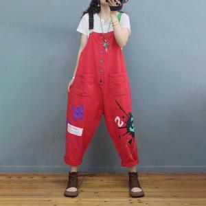 Button Down Graffiti Painted Overalls Womens Letter Dungarees