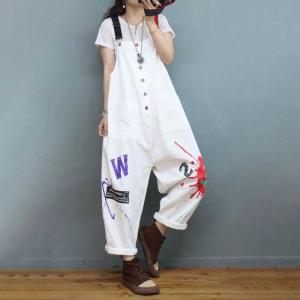 Button Down Graffiti Painted Overalls Womens Letter Dungarees