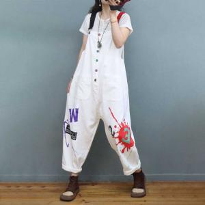 Button Down Graffiti Painted Overalls Womens Letter Dungarees