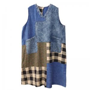 Plaid and Striped Patchwork A-Line Dress V-Neck Denim Sundress