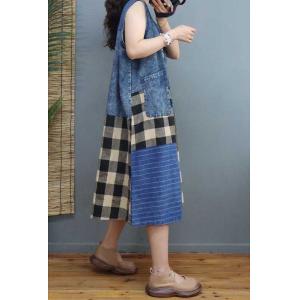 Plaid and Striped Patchwork A-Line Dress V-Neck Denim Sundress