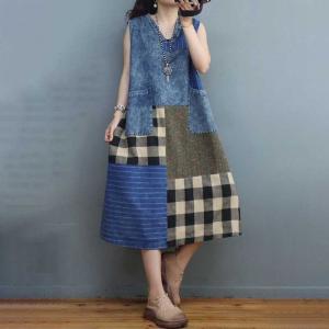 Plaid and Striped Patchwork A-Line Dress V-Neck Denim Sundress